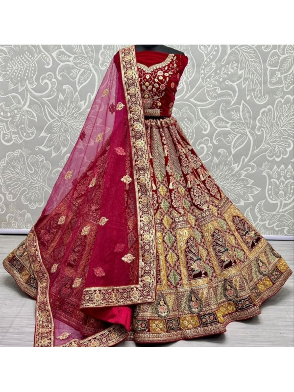 Marvellous Rani Pink Velvet MultiColor Patch Embroidered Bridal Lehenga Choli